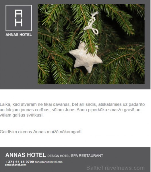 Paldies Annas muižas kolektīvam un tās vadītājai Ievai Malceniecei personīgi par Ziemassvētku apsveikumu! www.annashotel.com Paldies Annas muižas kolektīvam un tās vadītājai Ievai Malceniecei personīgi par Ziemassvētku apsveikumu! www.annashotel.com 70781