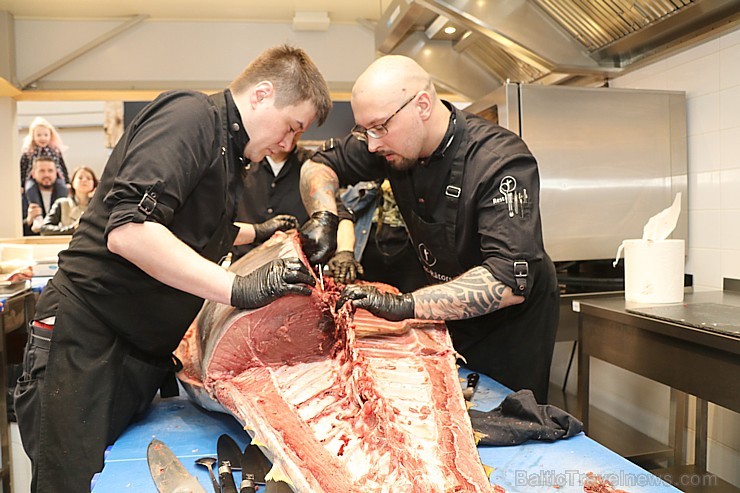 Skatītāju priekšā «Centrālais Gastro Tirgus» tiek sadalīts 208kg smags un 6.000 eiro vērts tuncis Skatītāju priekšā «Centrālais Gastro Tirgus» tiek sadalīts 208kg smags un 6.000 eiro vērts tuncis 250634
